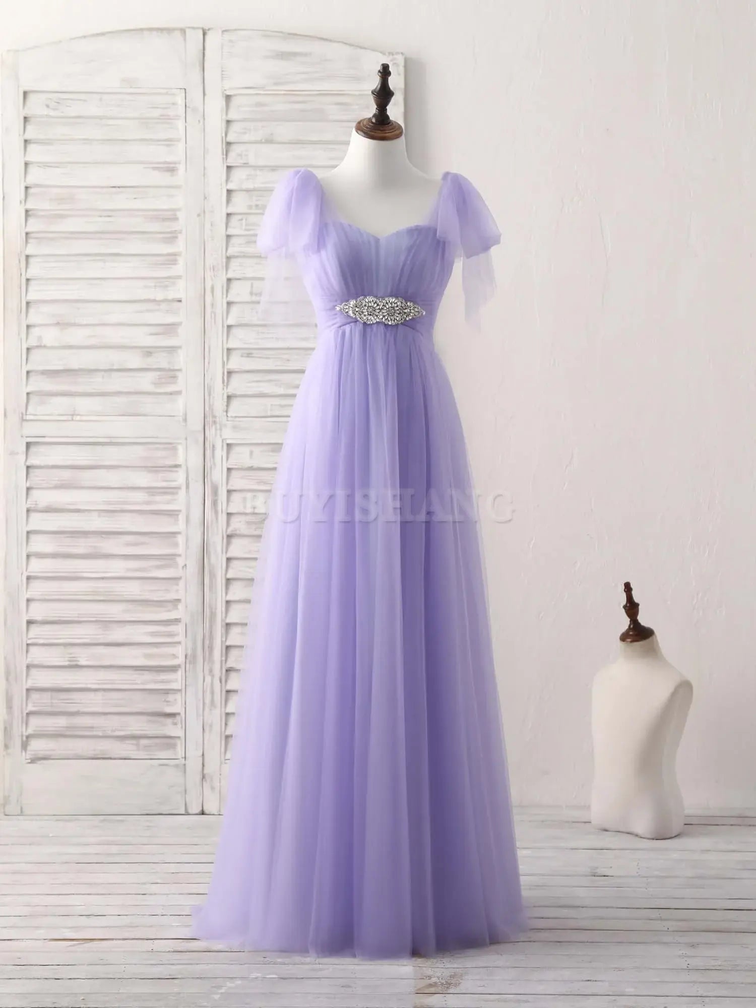 Buyishang Purple Sweetheart Neck Tulle Long Prom Dress Purple Bridesmaid Dress Bridesmaid dress shop